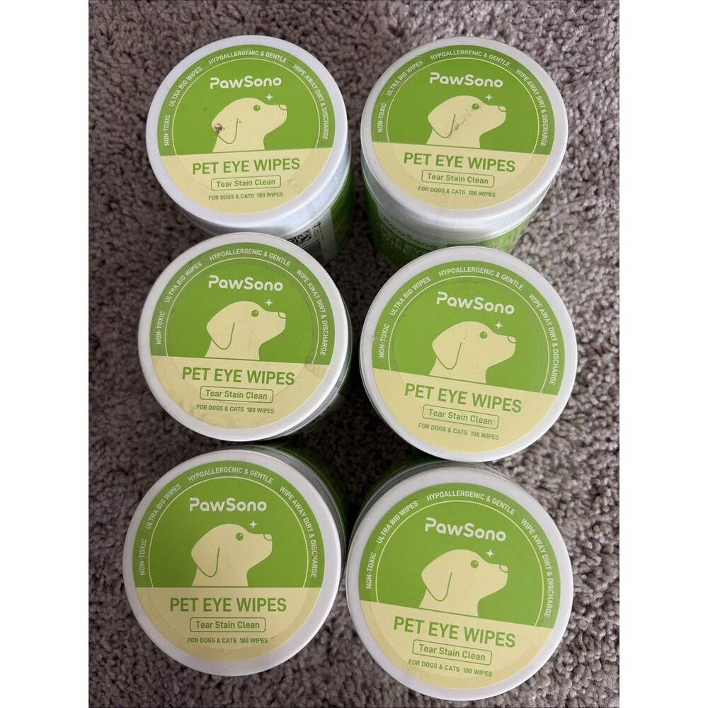 PawSono Pet Eye Wipes Tear Stain Remover 100ct Each - Lot of 6 Jars Brand New